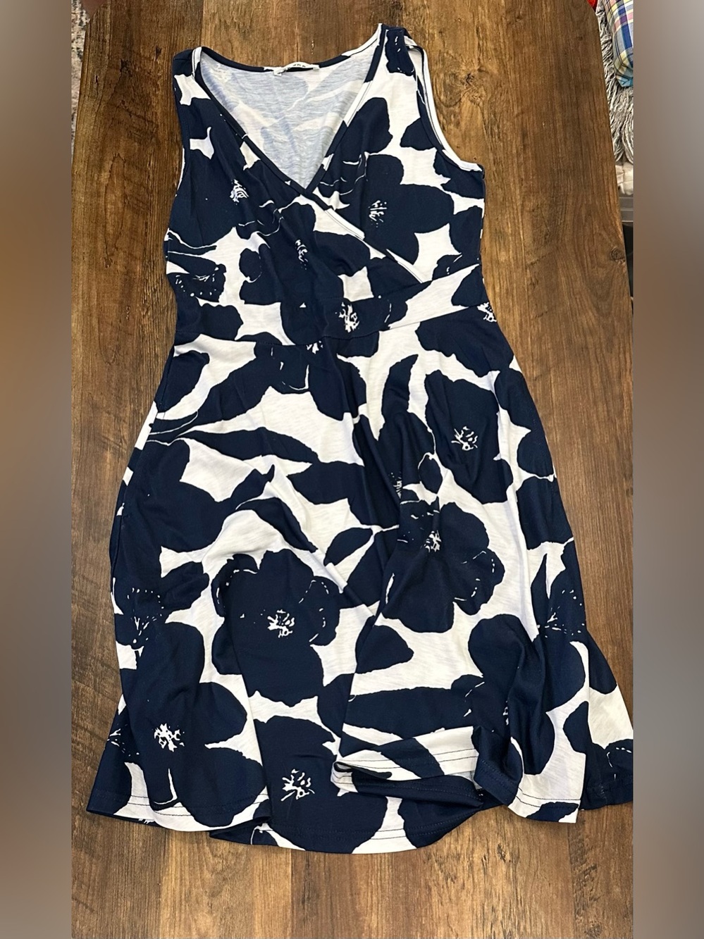 Floral Navy and White Sleeveless Wrap Dress